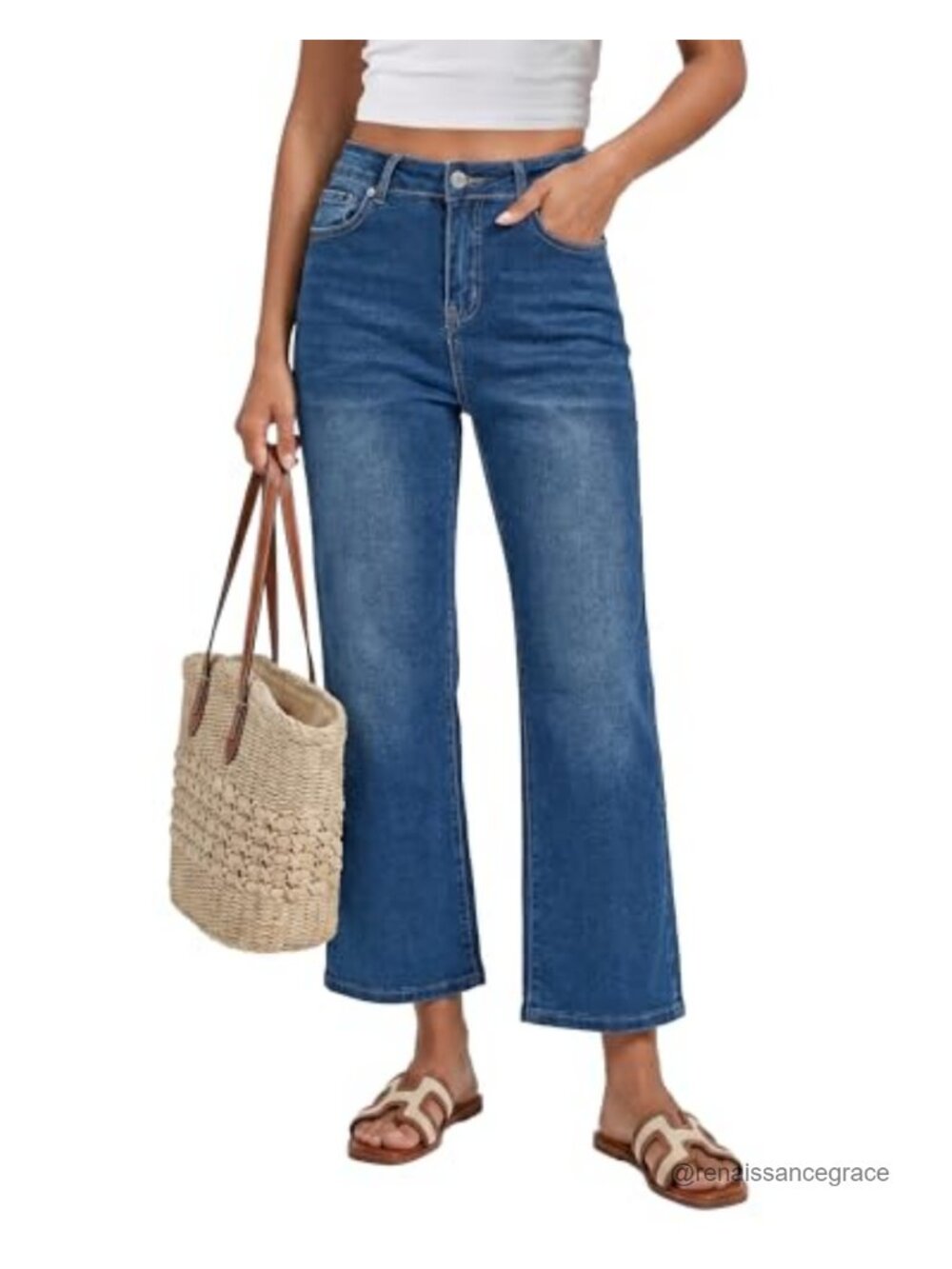 High Waisted Loose Straight Leg Cropped Stretch Denim Jeans Pockets